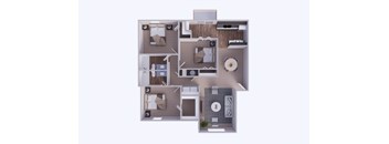 A 3D rendered image of a house layout.