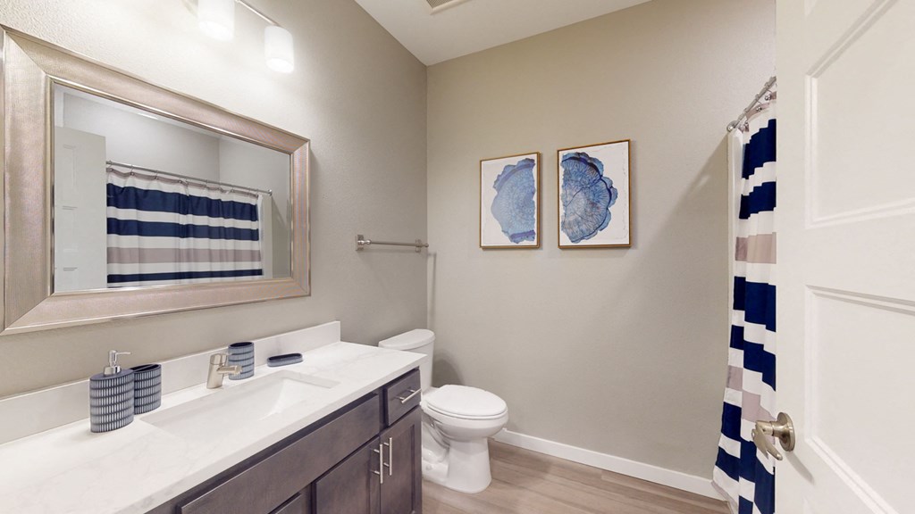 a bathroom with a toilet sink and mirror and a shower