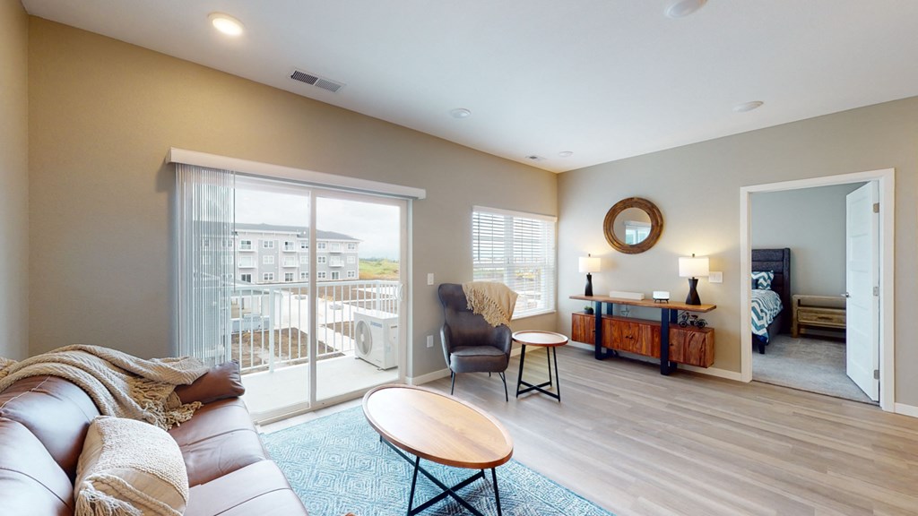 a living room with a couch and a table