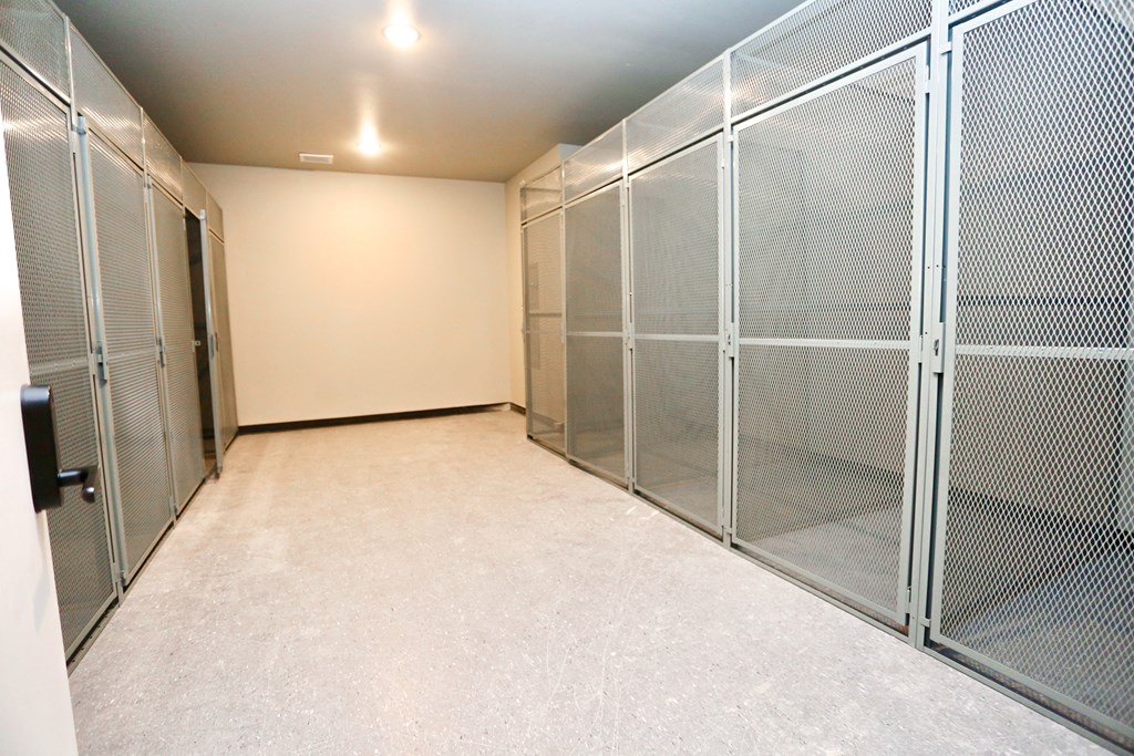 a room with a row of mirrored doors