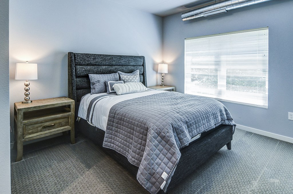 a bedroom with a bed and a window