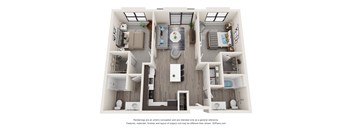 A 3D floor plan of a small apartment with a kitchen, living room, and bathroom.