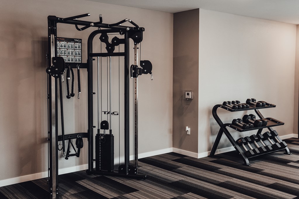 a fitness room with weights machines and a rack of shoes