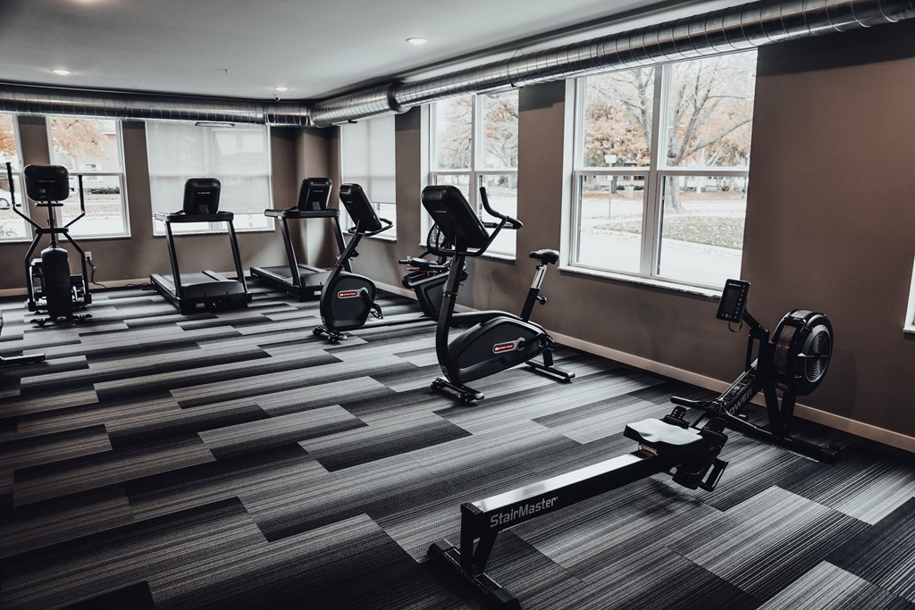 a row of exercise machines in a fitness room with windows