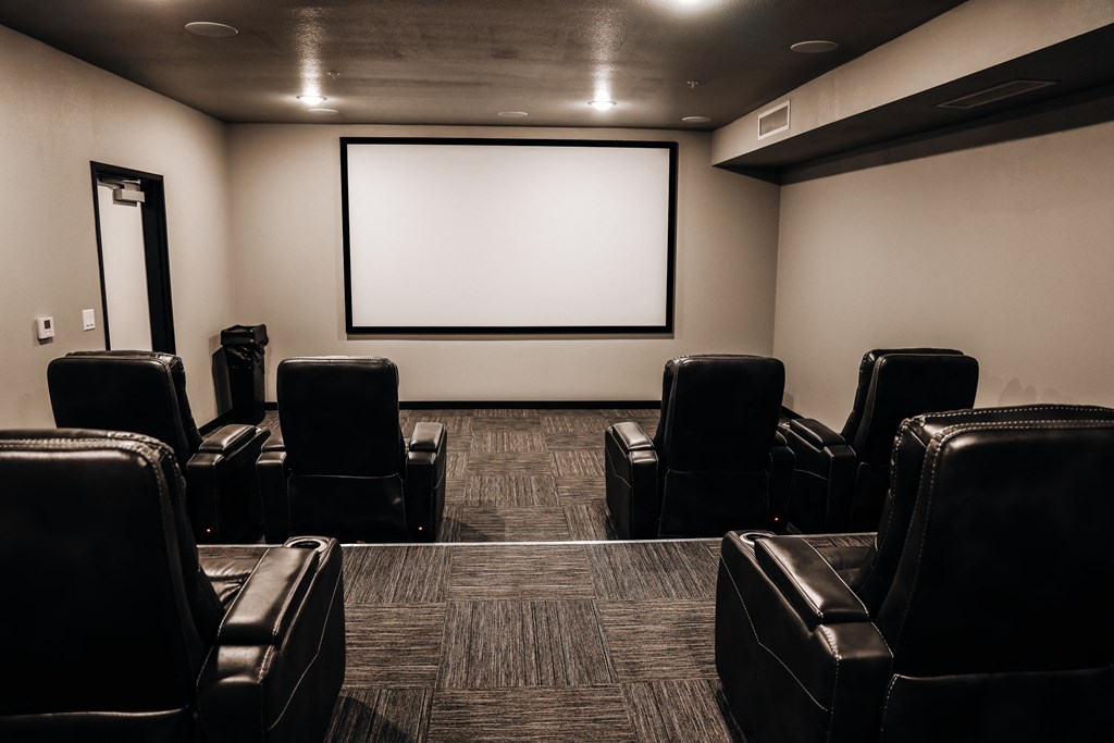 a large screening room with leather chairs and a projector screen