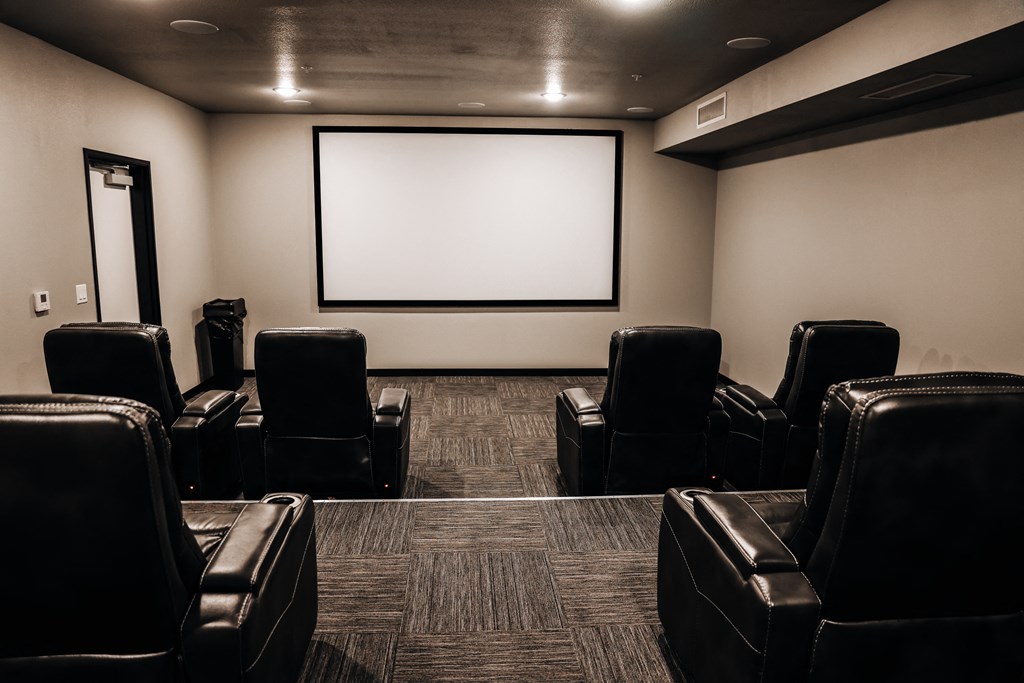 a large screening room with leather chairs and a projector screen