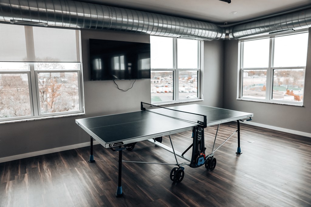 a gaming room with a ping pong table and a tv