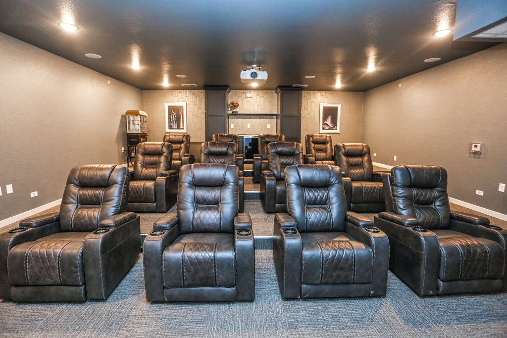 a large theater room with leather chairs on a blue carpet