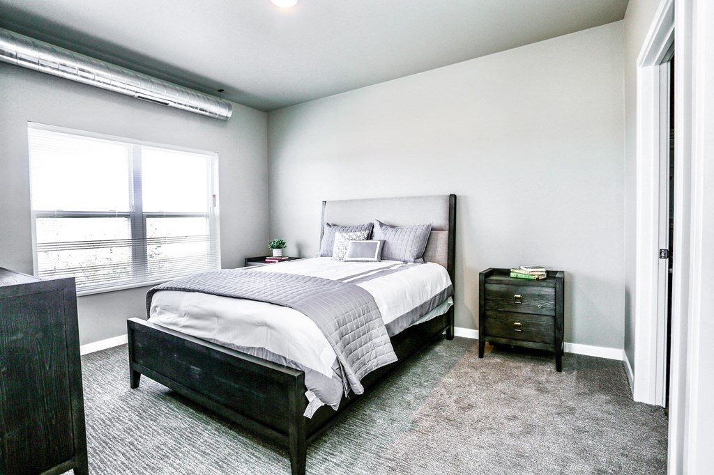 a bedroom with a bed and a window