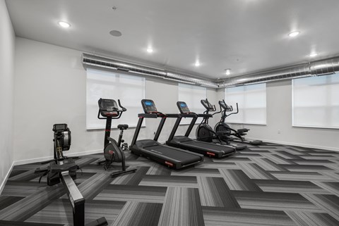 A gym with treadmills, elliptical machines, and stationary bikes.