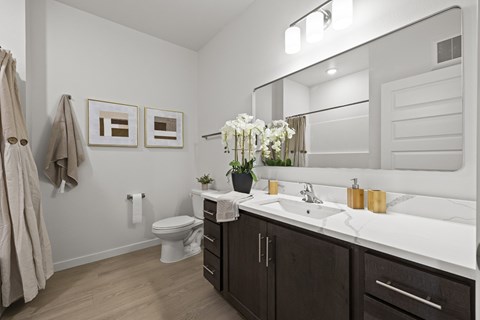 A bathroom with a toilet, sink, and mirror.