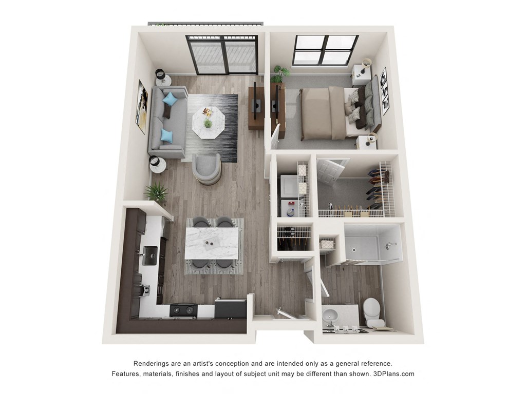 a 1 bedroom floor plan with a bathroom and a bedroom