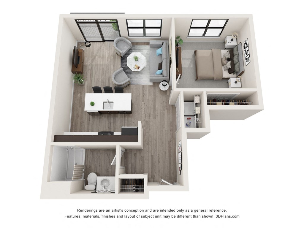 a 1 bedroom floorplan is shown with an open