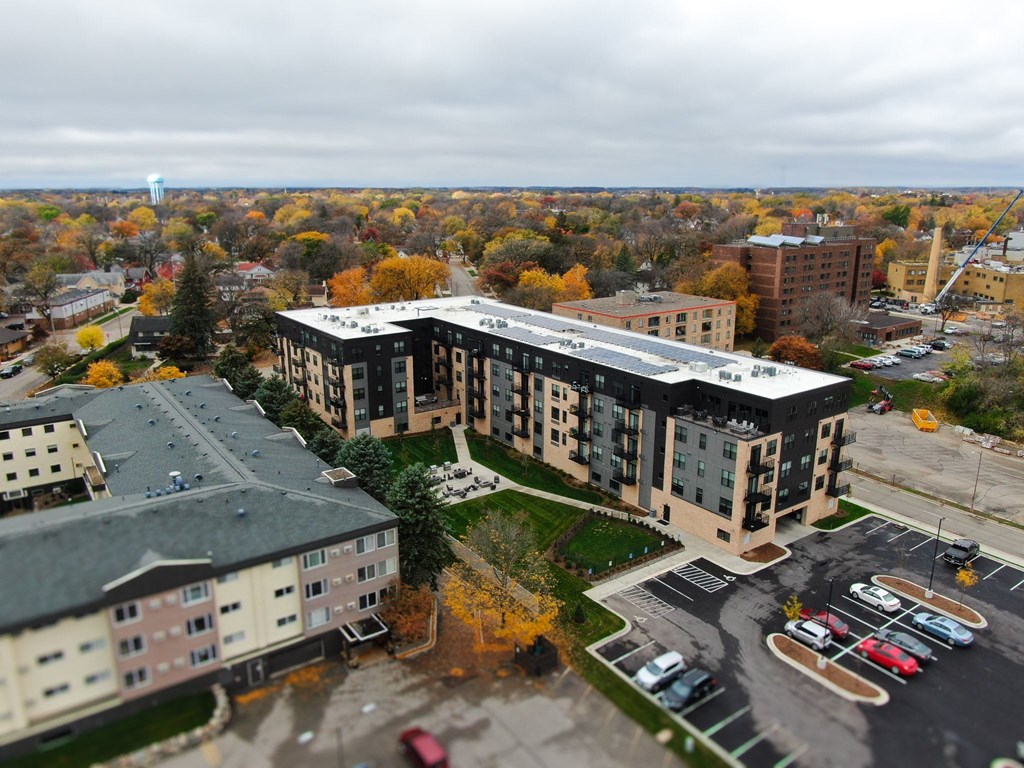 an aerial view of an apartment complex in the city