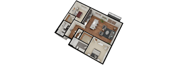 A detailed 3D floor plan of a house layout.