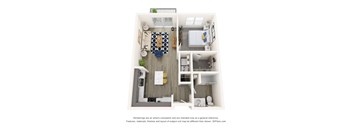 A 3D floor plan of a small apartment with a kitchen, living room, and bedroom.