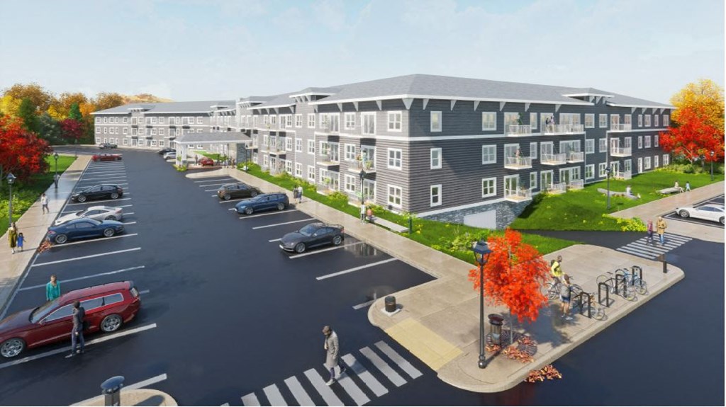 a rendering of an apartment building on a city street