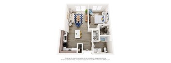 A 3D floor plan of a small apartment with a kitchen, living room, and bathroom.