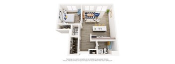 A 3D floor plan of a small apartment with a kitchen, living room, and bedroom.
