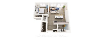 A 3D floor plan of a small apartment with a kitchen, living room, and bedroom.