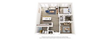 A 3D floor plan of a small apartment with a kitchen, living room, and bedroom.
