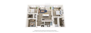 A 3D floor plan of a small apartment with a kitchen, living room, and bathroom.