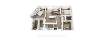 A 3D floor plan of a small apartment with a kitchen, living room, and bedrooms.