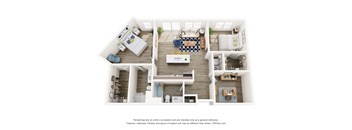 A 3D floor plan of a small apartment with a kitchen, living room, and bedrooms.