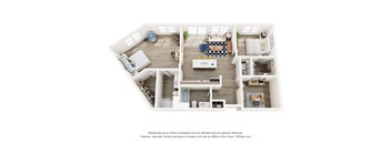 A 3D floor plan of a house with a kitchen, living room, and bedrooms.