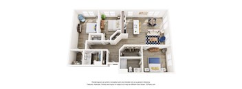 A 3D floor plan of a house with various rooms and furniture.