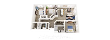 A 3D floor plan of a house with various rooms and furniture.