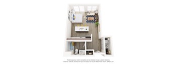 A small, neatly organized kitchen and living area with a dining table and chairs.