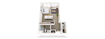 A small, neatly organized kitchen and living area with a dining table and chairs.