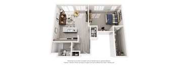 A 3D floor plan of a house with a kitchen, living room, and bedrooms.