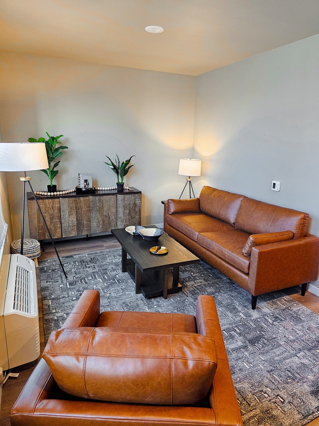 a living room with leather furniture and a rug