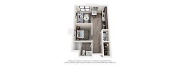 A 3D floor plan of a small apartment with a kitchen, living room, and bathroom.