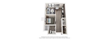 A 3D floor plan of a small apartment with a kitchen, living room, and bathroom.
