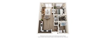 A 3D floor plan of a small apartment with a kitchen, living room, and bathroom.