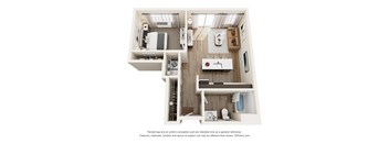 A 3D rendering of a small apartment with a kitchen, living room, and bathroom.
