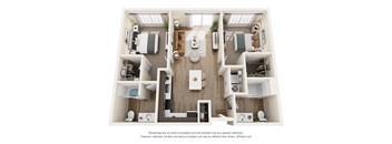 A 3D floor plan of a small apartment with two bedrooms, a living room, a kitchen, and a bathroom.
