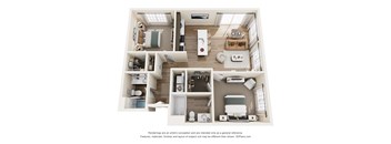 A 3D floor plan of a house with a kitchen, living room, and bathrooms.