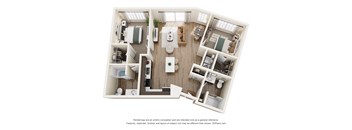 A 3D floor plan of a small apartment with a kitchen, living room, and bathroom.