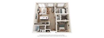 A 3D floor plan of a small apartment with a kitchen, living room, and bedroom.