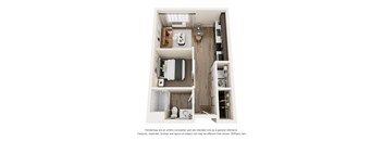 A 3D floor plan of a small apartment with a kitchen, living room, and bathroom.