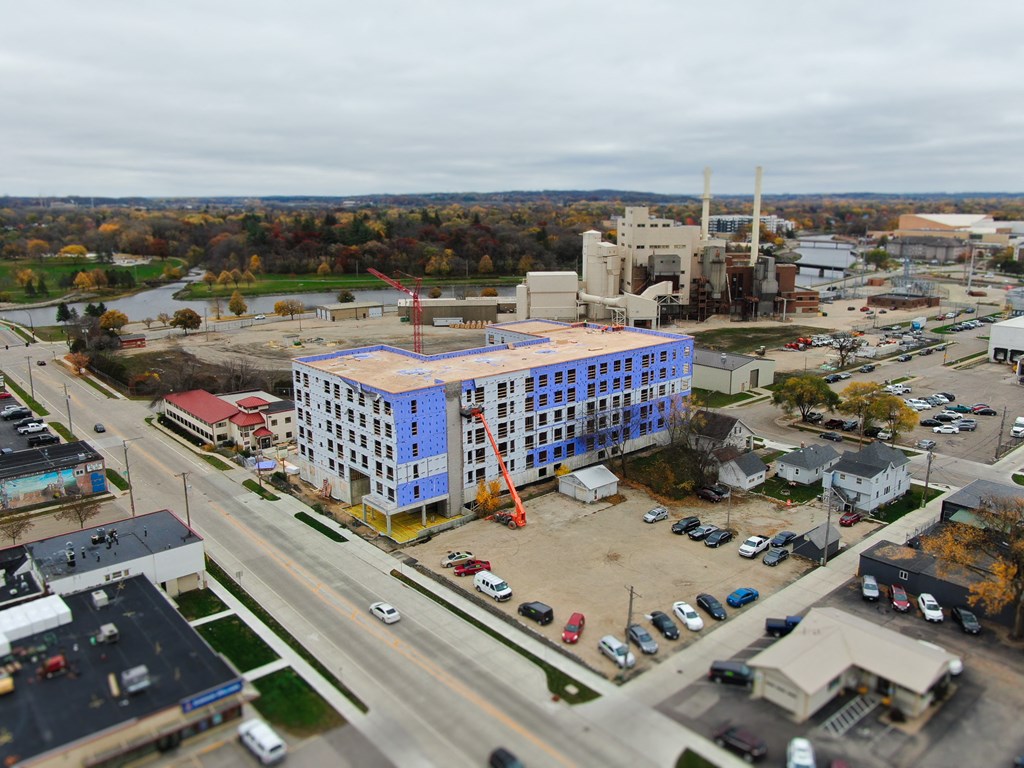 an aerial view of a building in a city
