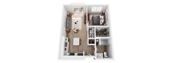 A top-down view of a small, neatly organized apartment.
