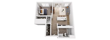 A top down view of a small apartment with a bedroom, living room, and kitchen.