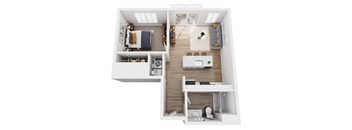 A top-down view of a small, neatly organized apartment with a bedroom, living room, and kitchen.
