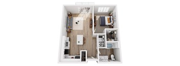 A top-down view of a small apartment with a kitchen, living room, and bedroom.