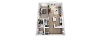 A top-down view of a small, neatly organized apartment.
